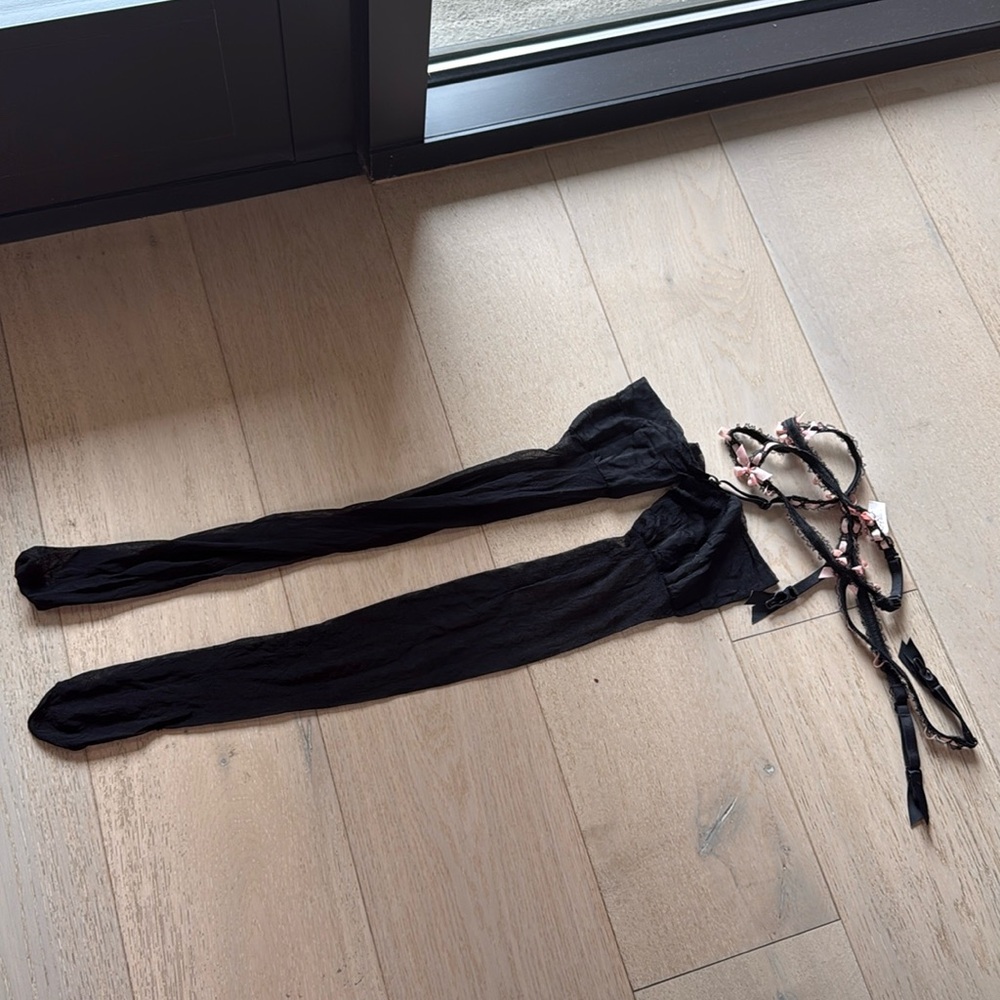 Black Garter Belt with Pink Accents and thigh high victoria secret size M.